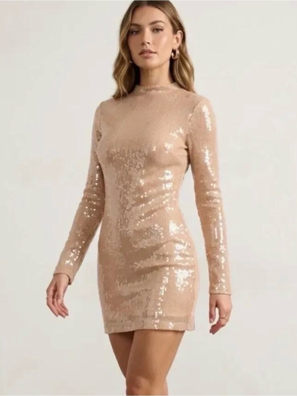 Lulu's XS,S Champagne Sequin Long-Sleeve Mini Dress